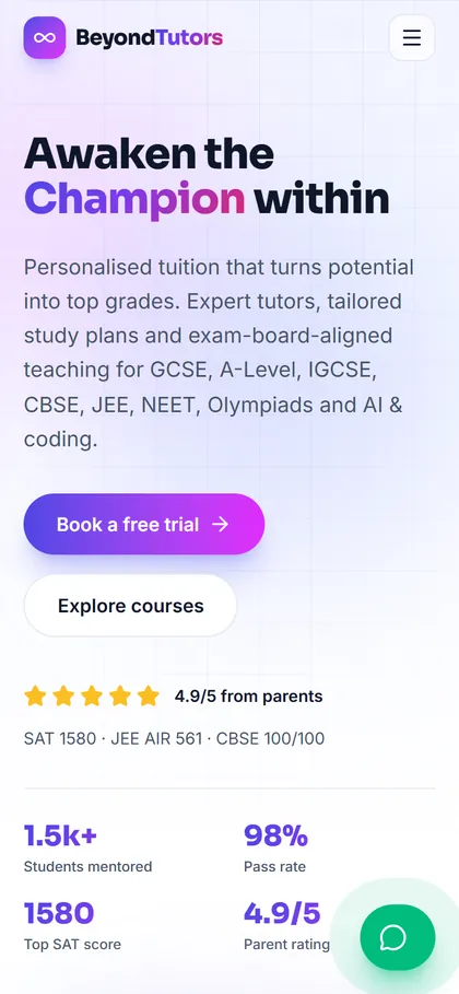 Beyond Tutors homepage on a phone